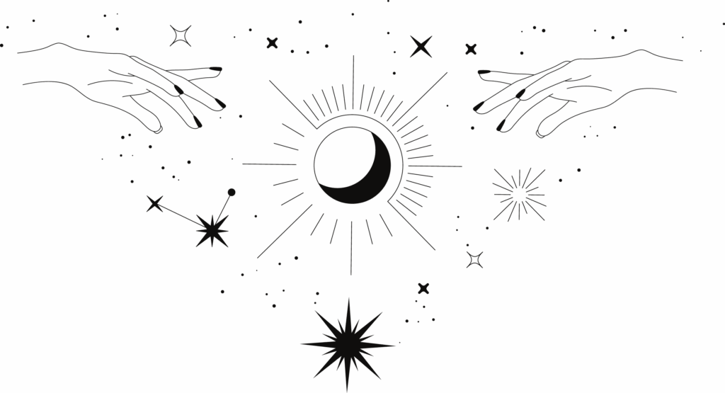 The Kind Kult Two hands reach toward a crescent moon surrounded by stars and rays, with constellations and sparkles scattered across a dark background—an inspiring symbol of mindfulness for the wellness community. Kind To Yourself. Kind To Others.